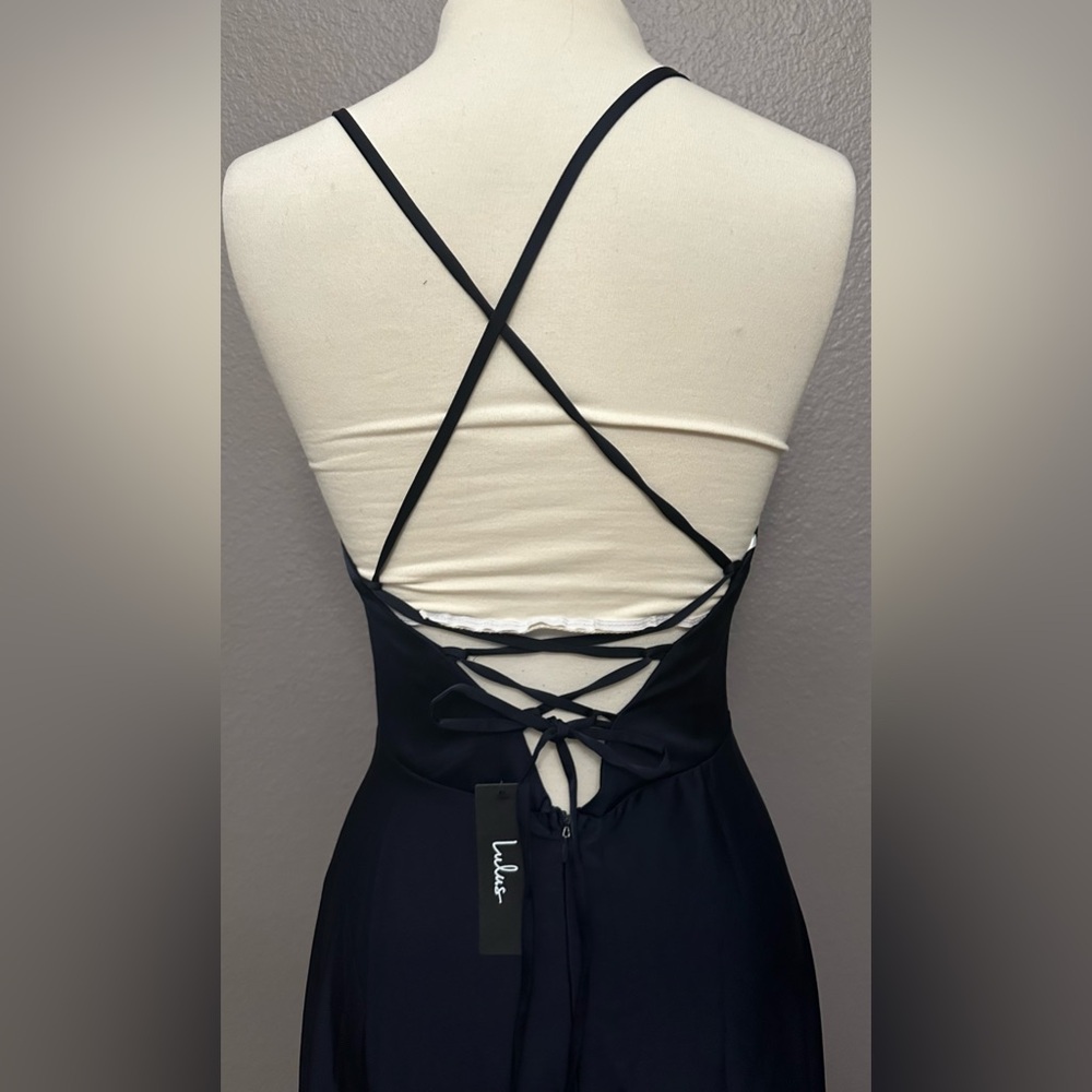 Lulus Stylish Grace Navy Blue Lace Up Ruffled Backless Maxi Formal Dress S, NEW - Picture 7 of 14
